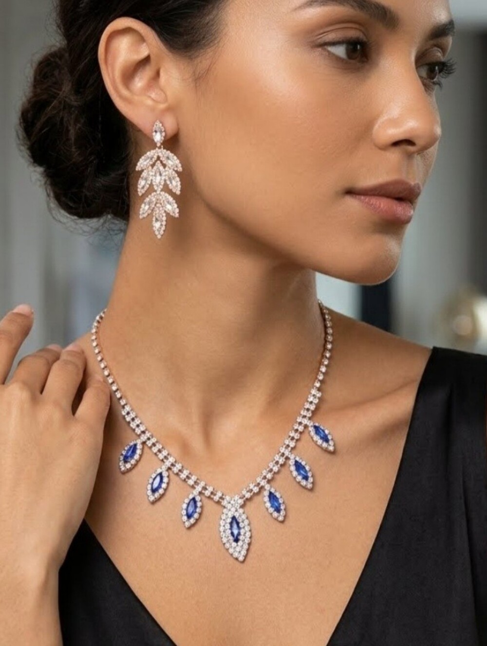 Rhinestone Leaf Necklace & Earring Bracelet Set Lot Blue and Clear Jewelry